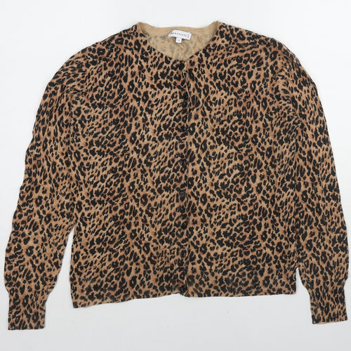 Warehouse Womens Brown Round Neck Animal Print Cotton Cardigan Jumper Size 14 - Leopard pattern