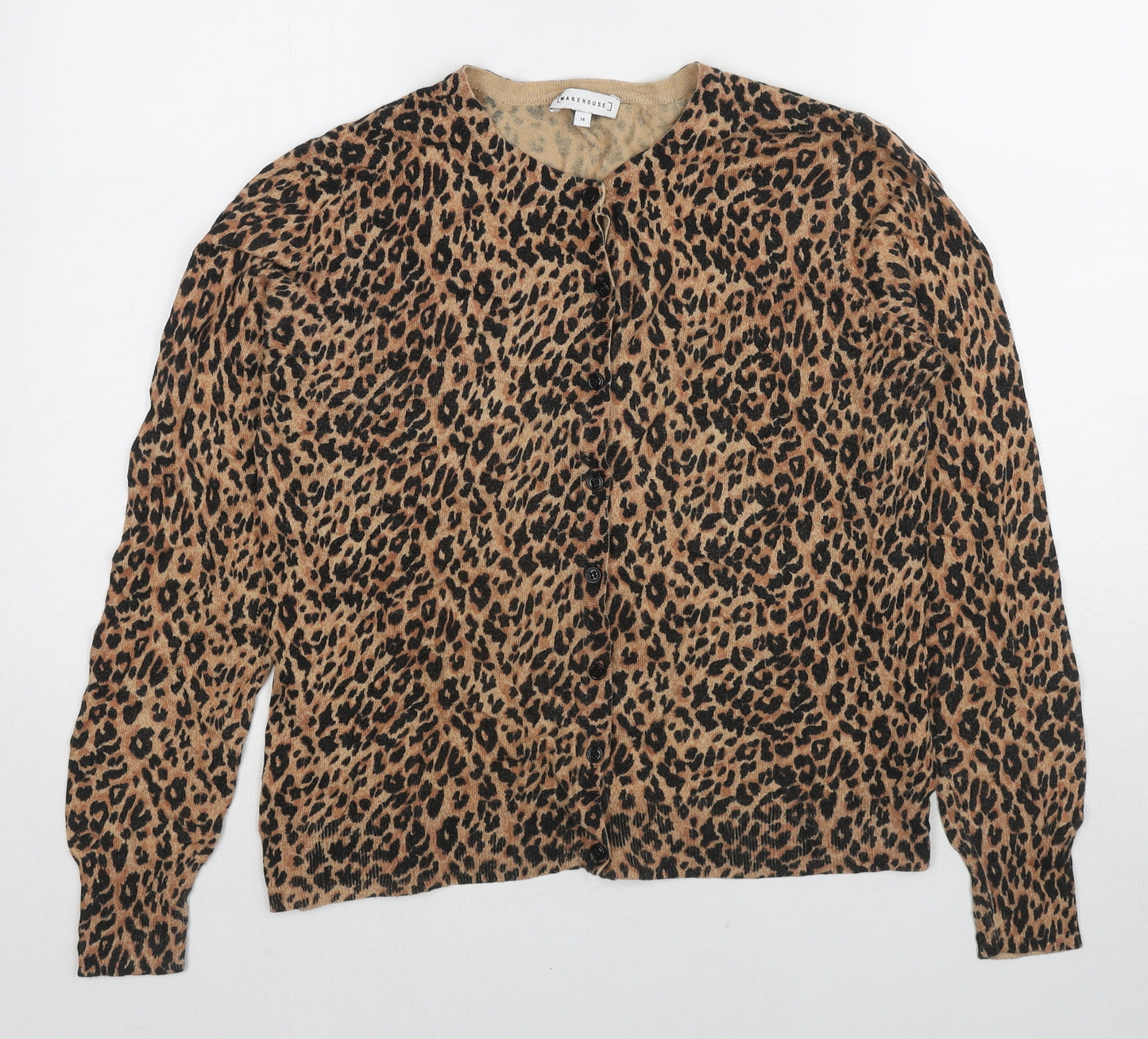 Warehouse Womens Brown Round Neck Animal Print Cotton Cardigan Jumper Size 14 - Leopard pattern