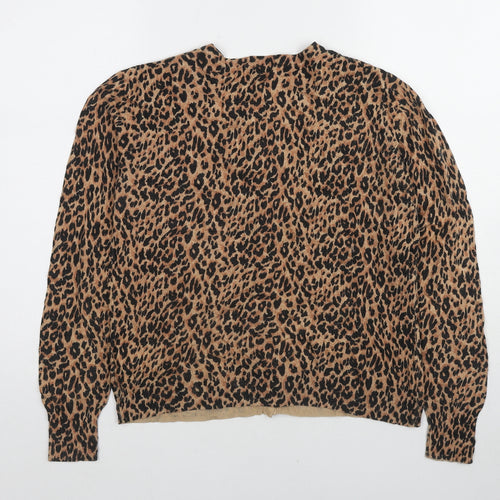 Warehouse Womens Brown Round Neck Animal Print Cotton Cardigan Jumper Size 14 - Leopard pattern