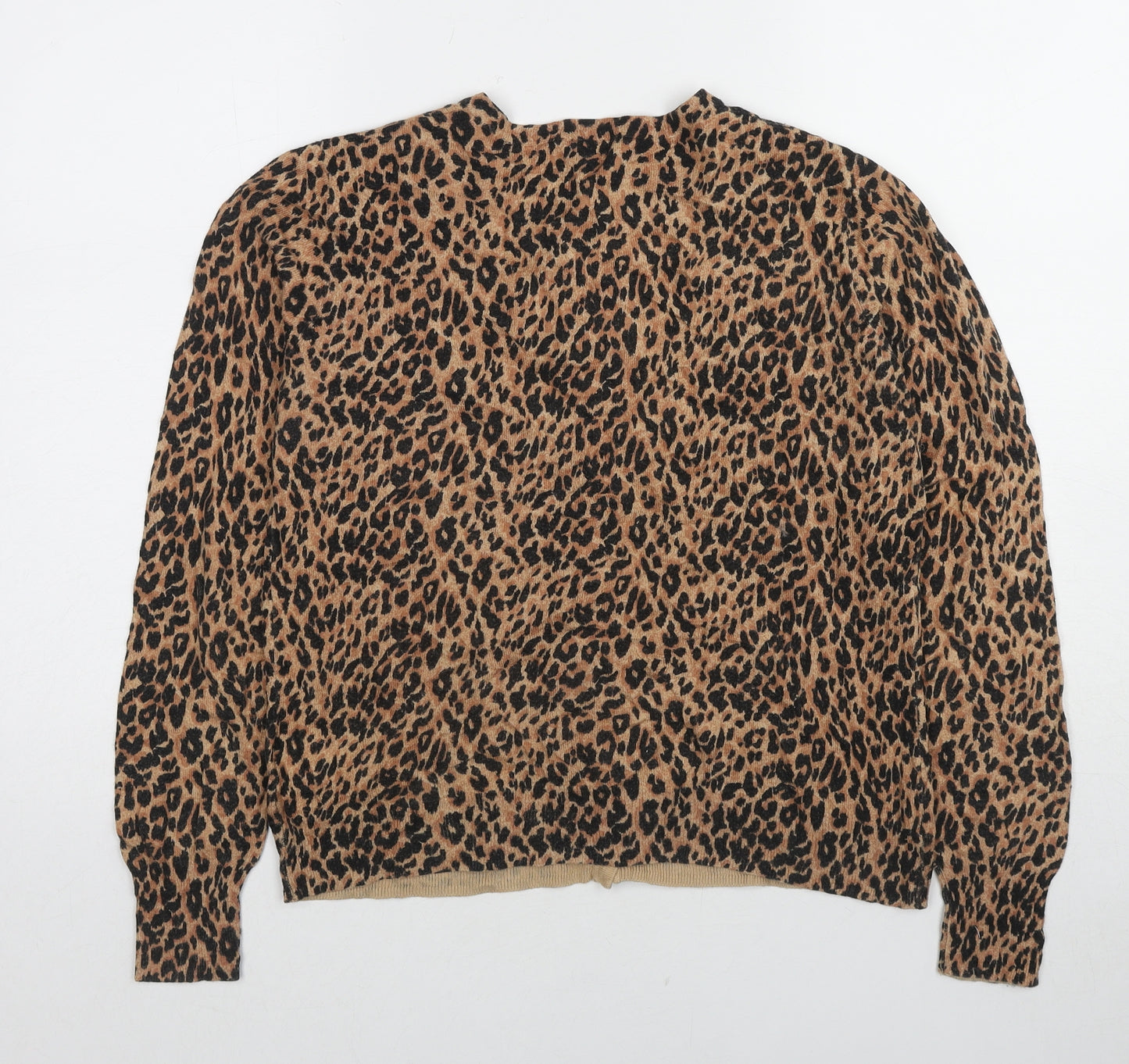 Warehouse Womens Brown Round Neck Animal Print Cotton Cardigan Jumper Size 14 - Leopard pattern