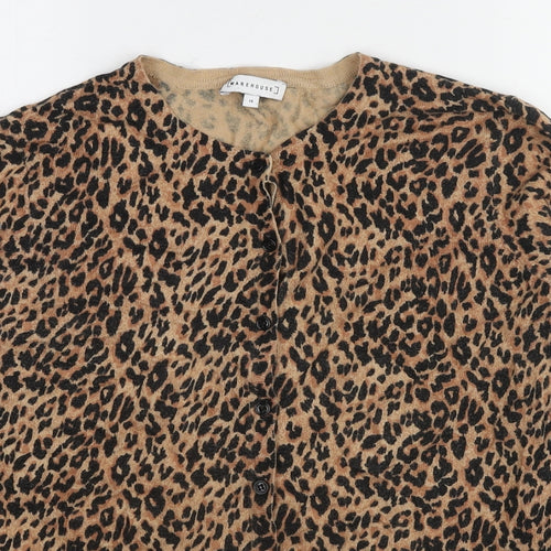 Warehouse Womens Brown Round Neck Animal Print Cotton Cardigan Jumper Size 14 - Leopard pattern