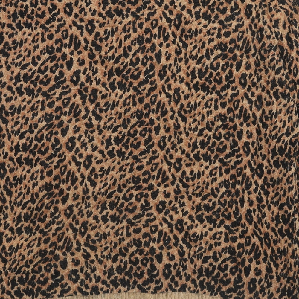 Warehouse Womens Brown Round Neck Animal Print Cotton Cardigan Jumper Size 14 - Leopard pattern
