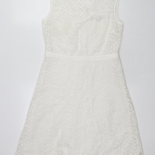 Nougat Womens White Floral Cotton Shift Size 12 Round Neck Zip