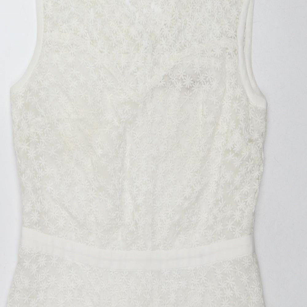 Nougat Womens White Floral Cotton Shift Size 12 Round Neck Zip