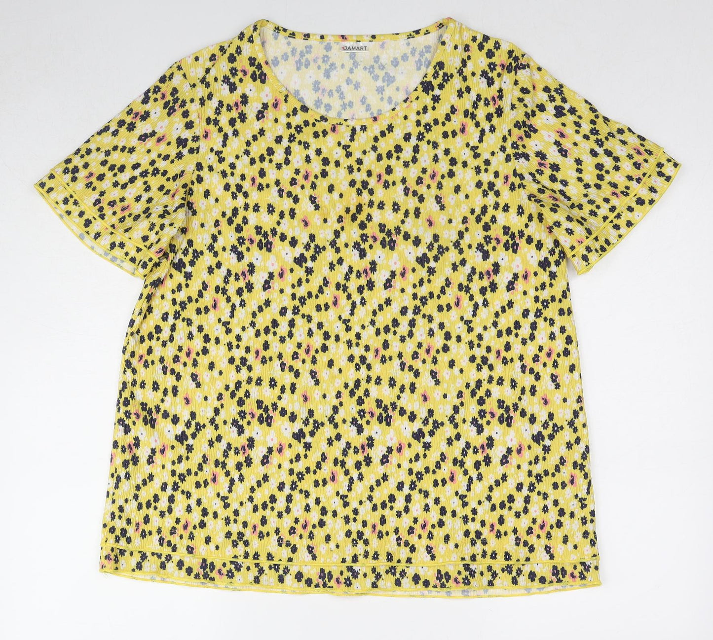 Damart Womens Yellow Floral Polyester Basic T-Shirt Size 14 Round Neck - Size 14-16
