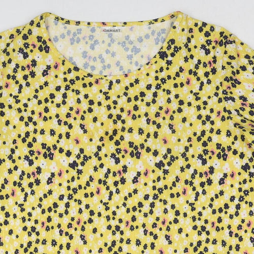 Damart Womens Yellow Floral Polyester Basic T-Shirt Size 14 Round Neck - Size 14-16