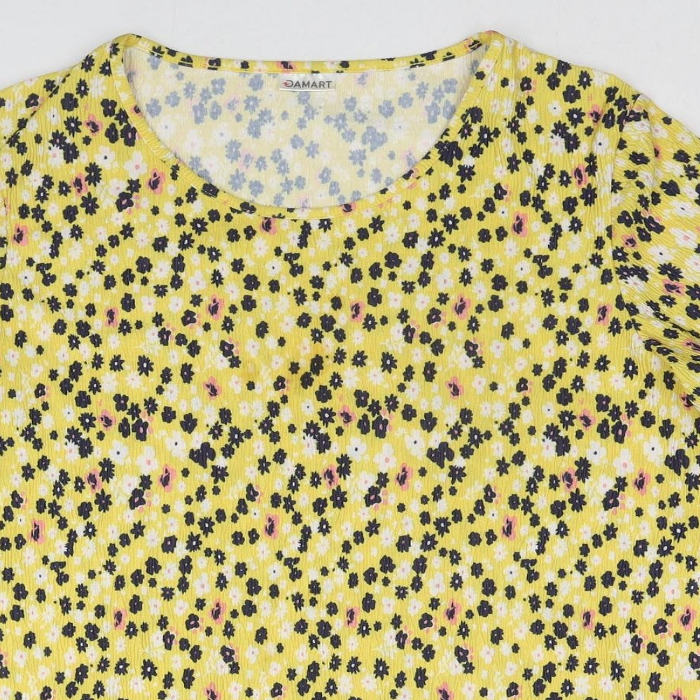 Damart Womens Yellow Floral Polyester Basic T-Shirt Size 14 Round Neck - Size 14-16