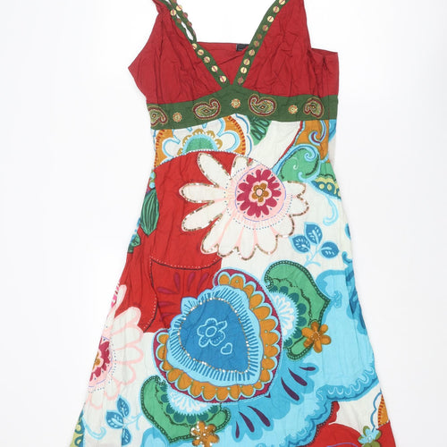 Amphora Womens Multicoloured Geometric Cotton Slip Dress Size M V-Neck Zip