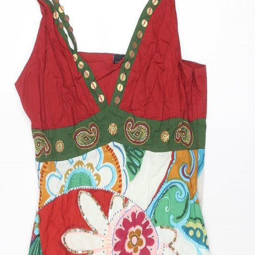 Amphora Womens Multicoloured Geometric Cotton Slip Dress Size M V-Neck Zip