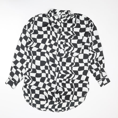 Violet Womens Black Geometric Polyester Basic Button-Up Size 8 Collared