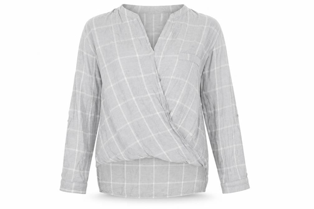 Front view of River Island women’s grey check viscose basic blouse, size UK 8, v-neck