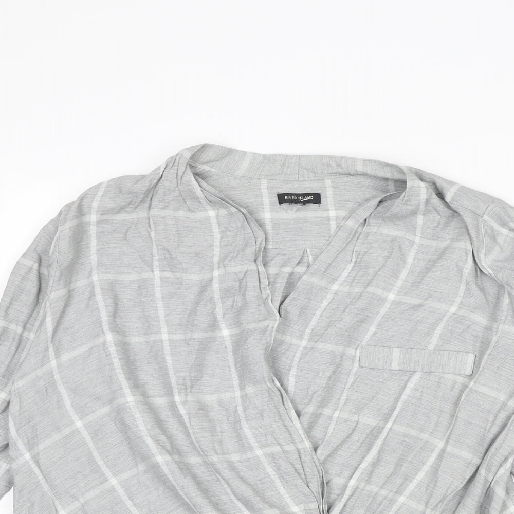 River Island Womens Grey Check Viscose Basic Blouse Size 8 V-Neck