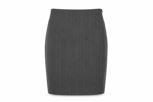 Front view of Cazz women’s grey striped polyester straight & pencil skirt, size UK 28, in zip