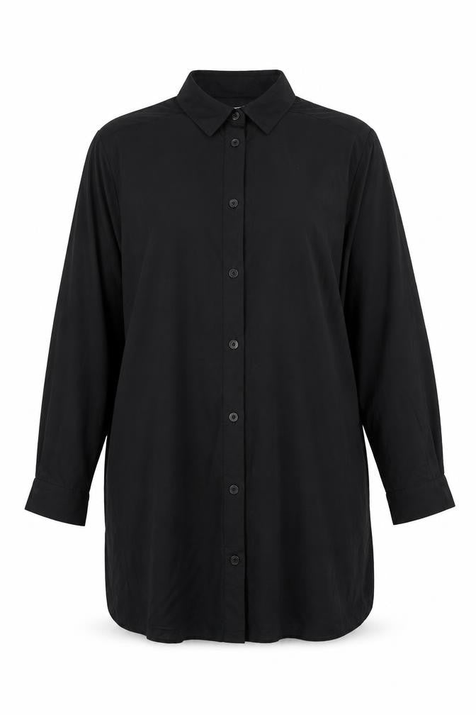 Front view of LarkBay women’s black viscose basic button-up, size L, collared