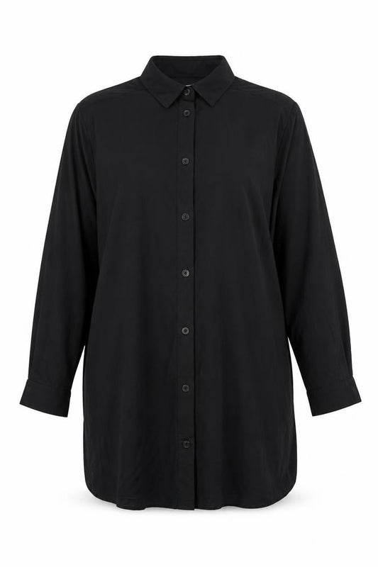 Front view of LarkBay women’s black viscose basic button-up, size L, collared