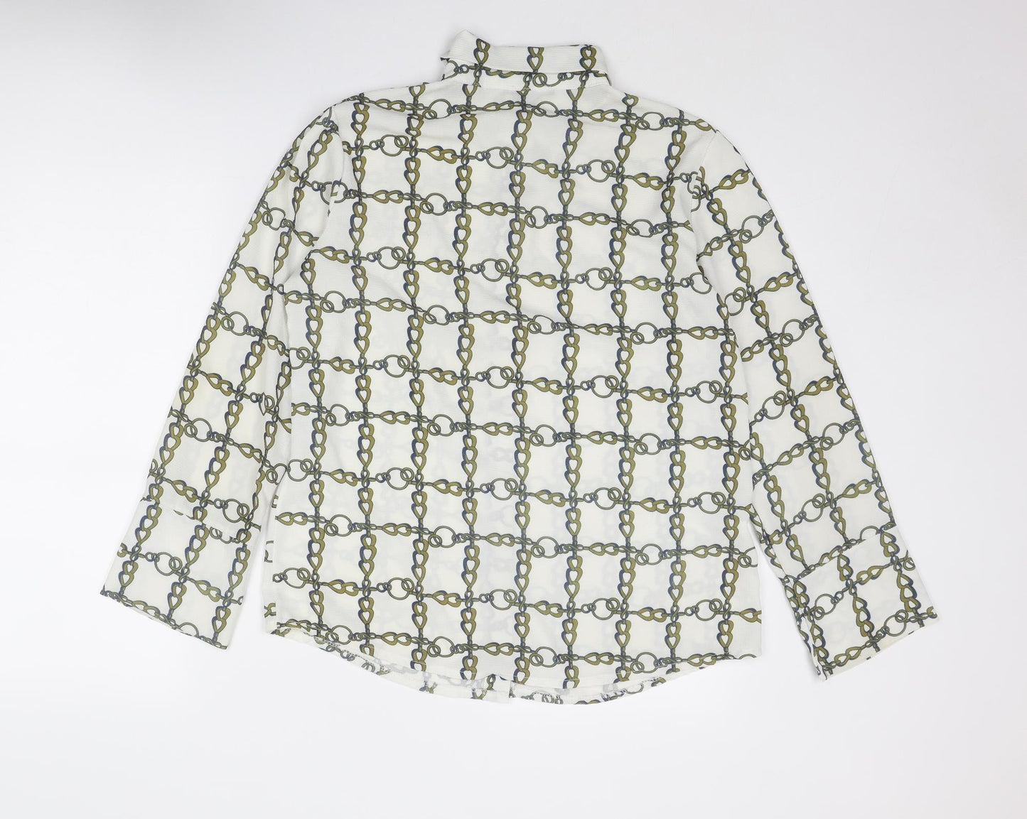 Boohoo Womens White Geometric Polyester Basic Button-Up Size 14 Collared - Chain Link Print