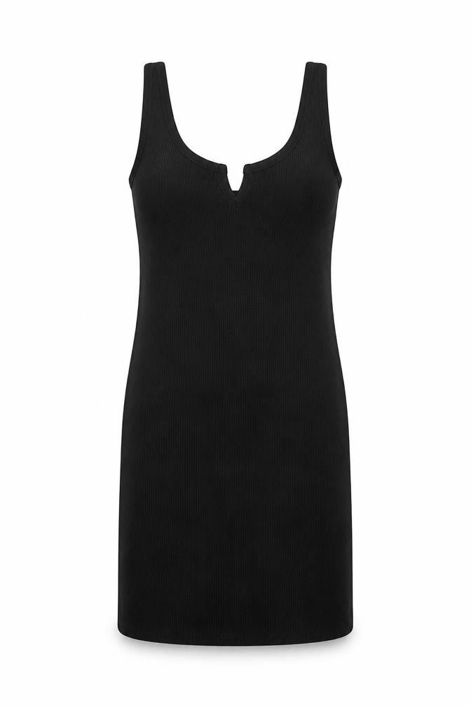 Front view of Topshop women’s black polyester tank dress, size UK 10, v-neck pullover
