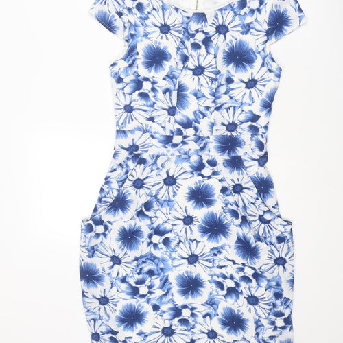 Blue Vanilla Womens Blue Floral Polyester Shift Size 10 Boat Neck Zip