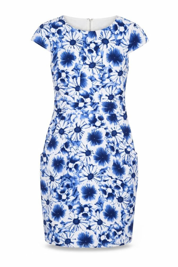 Front view of Blue Vanilla women’s blue floral polyester shift, size UK 10, boat neck zip