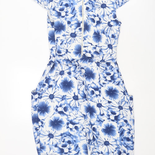 Blue Vanilla Womens Blue Floral Polyester Shift Size 10 Boat Neck Zip