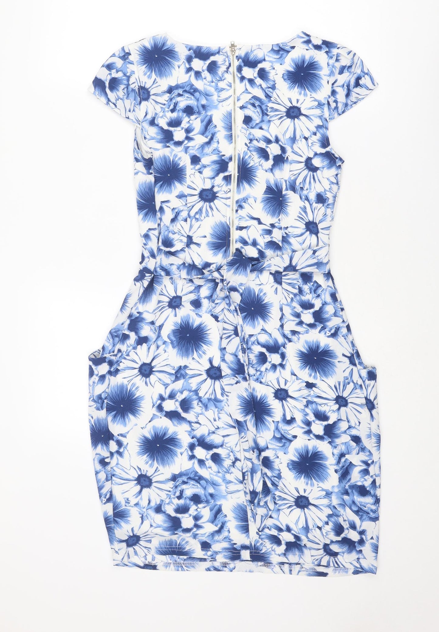 Blue Vanilla Womens Blue Floral Polyester Shift Size 10 Boat Neck Zip