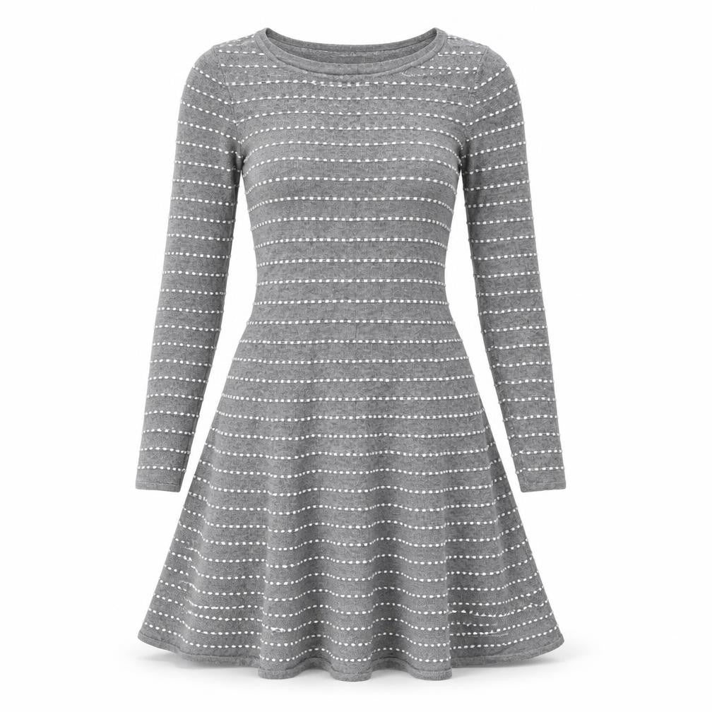 Front view of Springfield women’s grey striped viscose jumper dress, size XS, round neck pullover