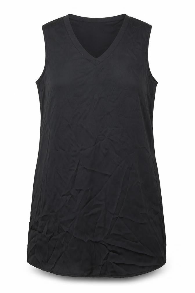 Front view of Madame women’s black polyester shift, size XL, v-neck pullover