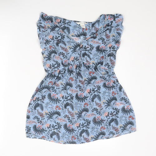 H&M Womens Blue Floral Polyester Basic Blouse Size S V-Neck