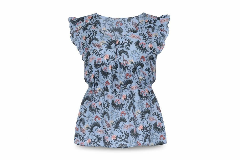 Front view of H&M women’s blue floral polyester basic blouse, size S, v-neck