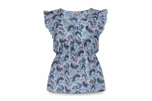 Front view of H&M women’s blue floral polyester basic blouse, size S, v-neck