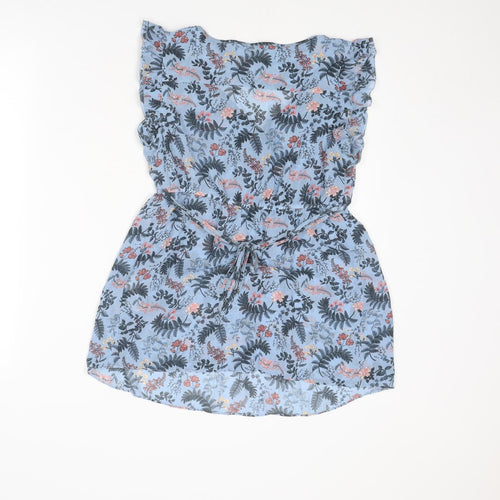 H&M Womens Blue Floral Polyester Basic Blouse Size S V-Neck