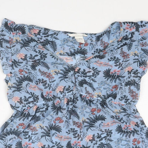 H&M Womens Blue Floral Polyester Basic Blouse Size S V-Neck