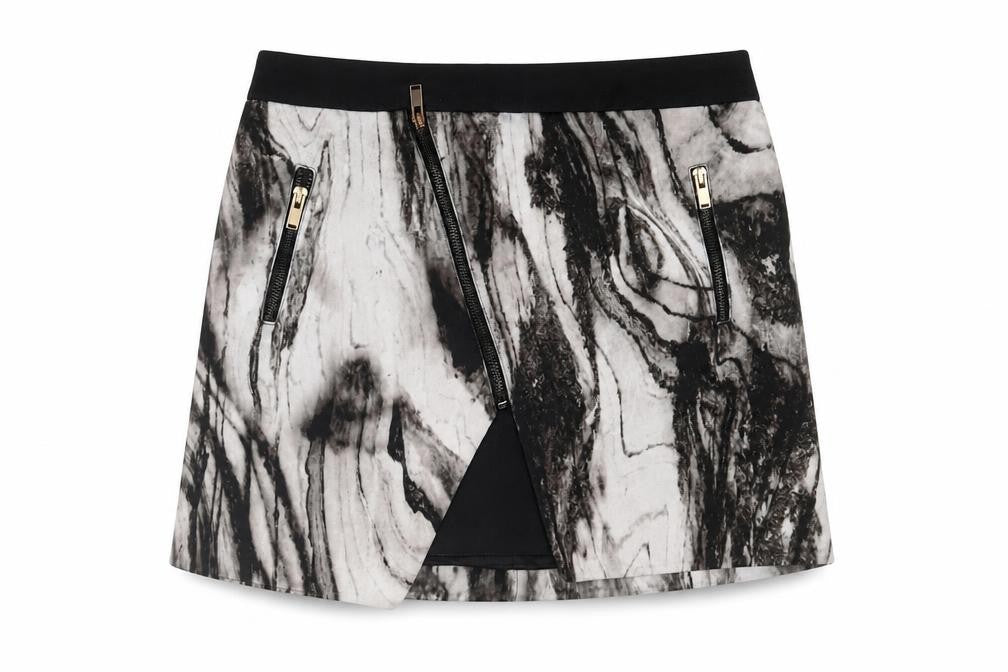 Front view of Zara women’s grey geometric cotton mini skirt, size M, zip