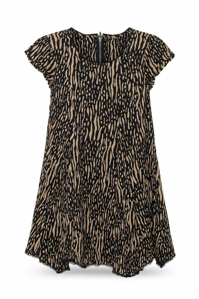 Front view of Silent + Noise women’s black geometric viscose basic blouse, size XS, round neck - asymmetric hem