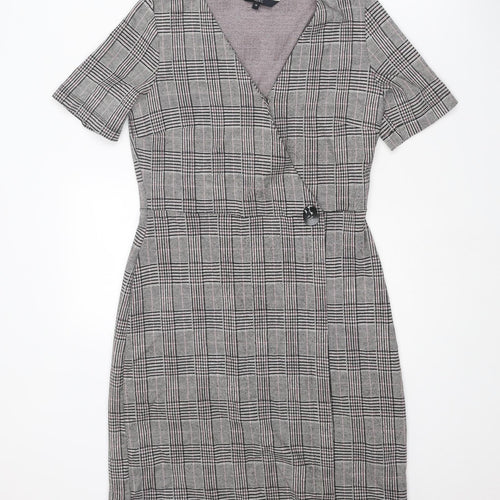 NEXT Womens Grey Plaid Polyester Shift Size 10 V-Neck Snap - Wrap Style