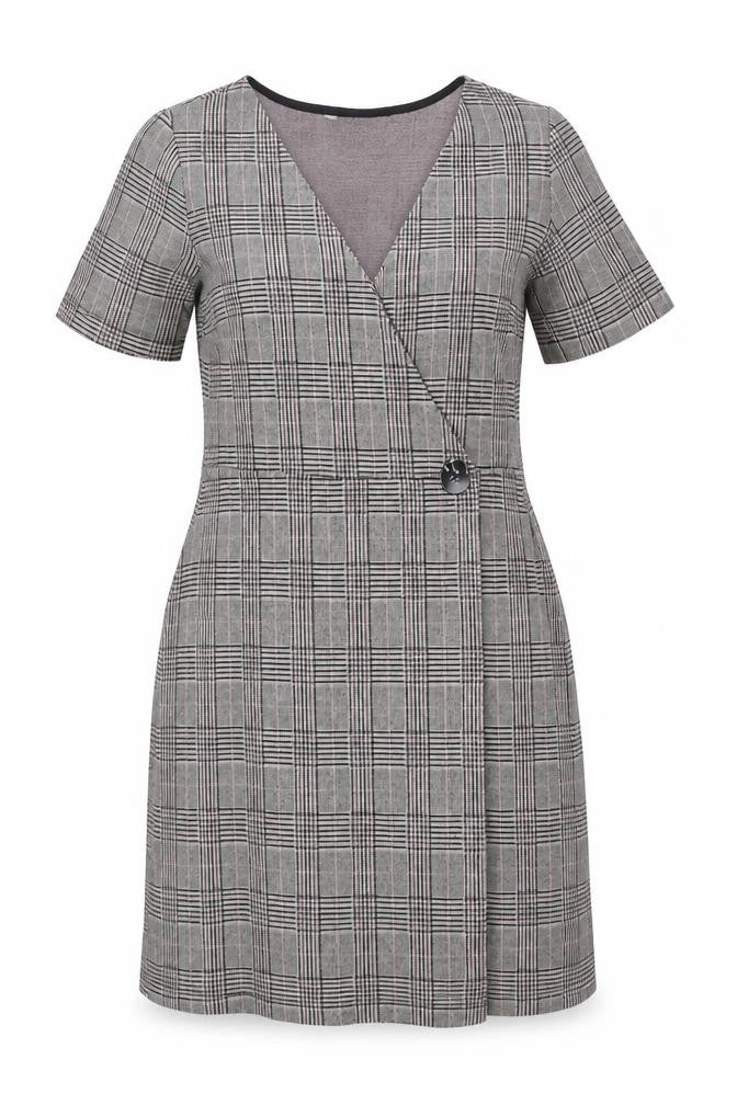 Front view of Next women’s grey plaid polyester shift, size UK 10, v-neck snap - wrap style