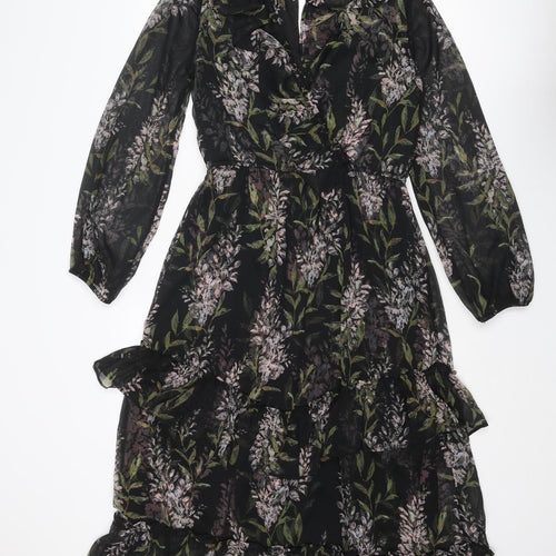 River Island Womens Black Floral Polyester A-Line Size 10 V-Neck Buckle