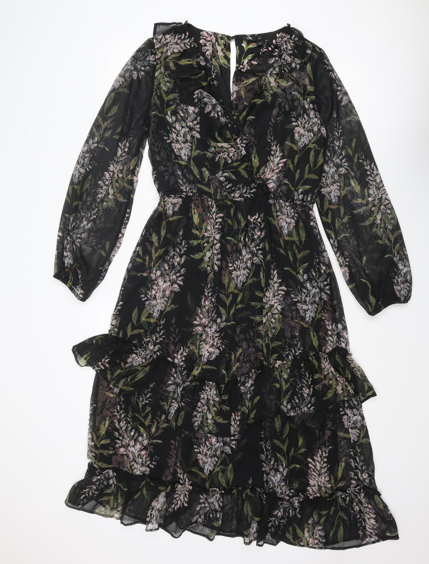 River Island Womens Black Floral Polyester A-Line Size 10 V-Neck Buckle