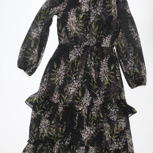 River Island Womens Black Floral Polyester A-Line Size 10 V-Neck Buckle