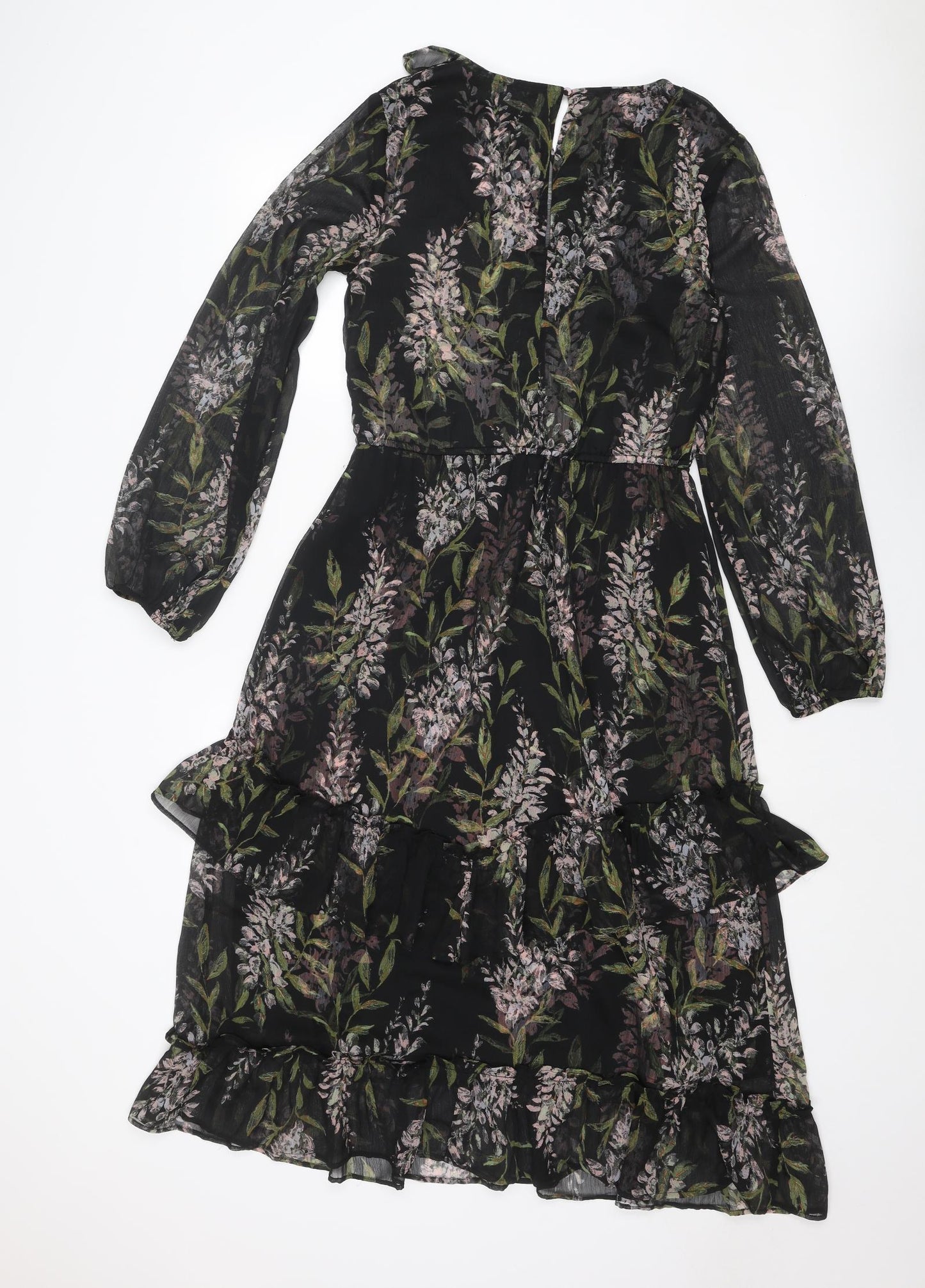 River Island Womens Black Floral Polyester A-Line Size 10 V-Neck Buckle