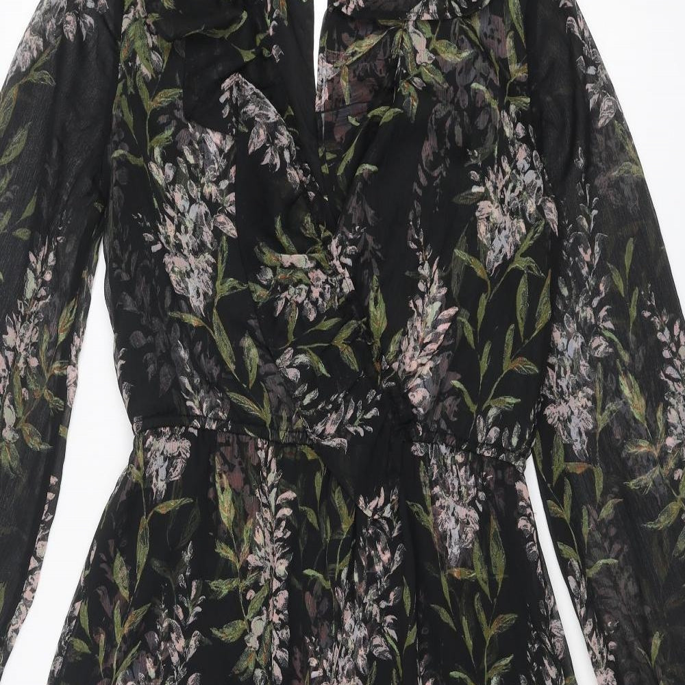 River Island Womens Black Floral Polyester A-Line Size 10 V-Neck Buckle
