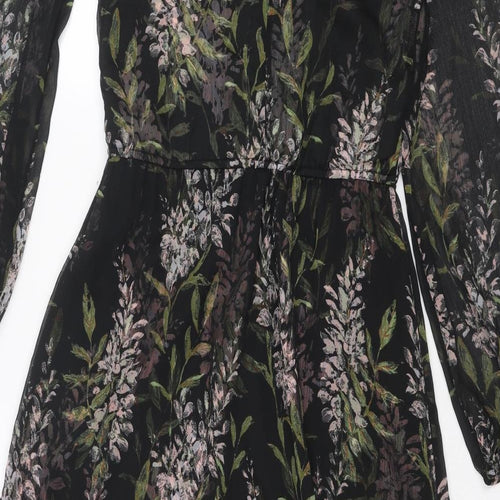 River Island Womens Black Floral Polyester A-Line Size 10 V-Neck Buckle