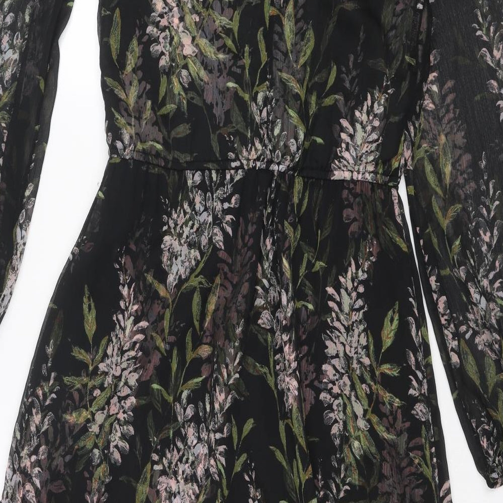 River Island Womens Black Floral Polyester A-Line Size 10 V-Neck Buckle