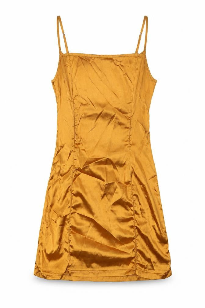 Front view of PRETTYLITTLETHING women’s gold polyester mini, size UK 8, square neck zip