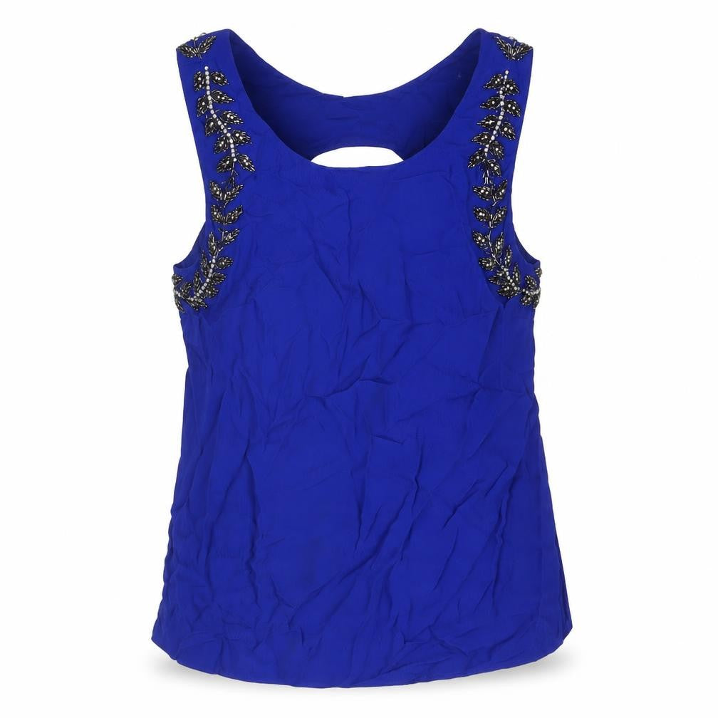 Front view of Topshop women’s blue viscose basic tank, size UK 14, boat neck - embellished