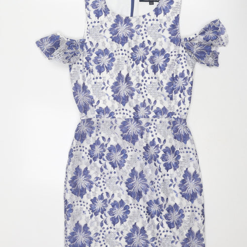 French Connection Womens Blue Floral Polyester Shift Size 8 Round Neck Zip - Cold Shoulder