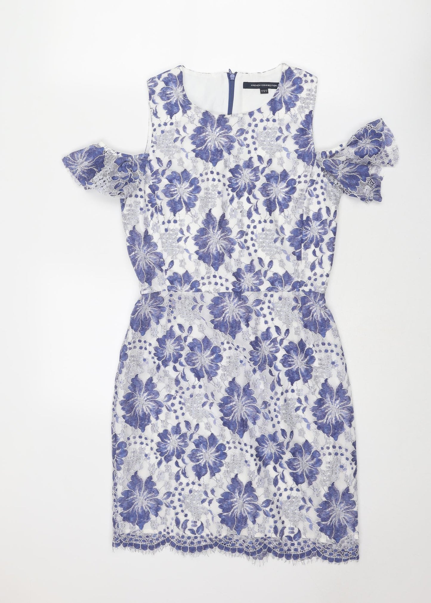 French Connection Womens Blue Floral Polyester Shift Size 8 Round Neck Zip - Cold Shoulder