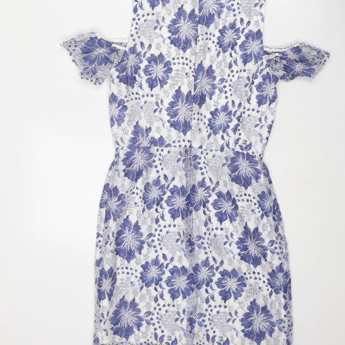French Connection Womens Blue Floral Polyester Shift Size 8 Round Neck Zip - Cold Shoulder