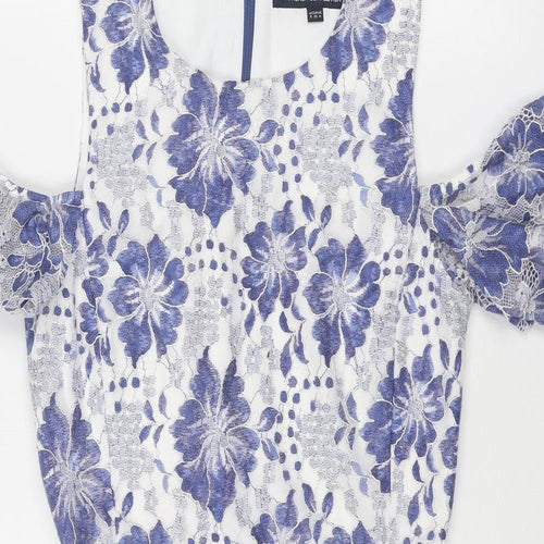 French Connection Womens Blue Floral Polyester Shift Size 8 Round Neck Zip - Cold Shoulder