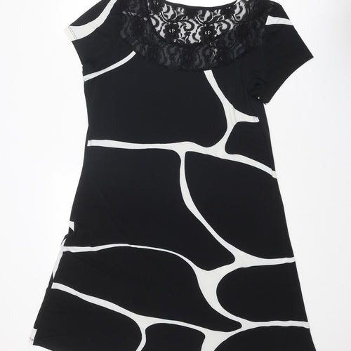 Klass Womens Black Geometric Polyester A-Line Size 16 Round Neck Pullover - Lace Details